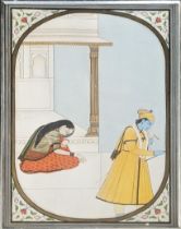 A fine large 19th century Indian pahari miniature painting depicting Krishna and Radha, H.21cm W.