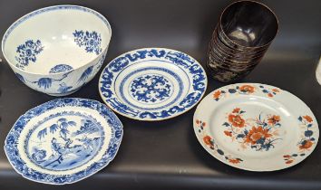 Three 18th century Chinese porcelain plates to include and Imari example D.22.5cm, a blue and