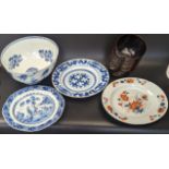 Three 18th century Chinese porcelain plates to include and Imari example D.22.5cm, a blue and