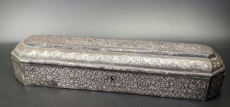 A fine 19th century Indian silver overlaid steel koftgari pen box, H.5cm L.26cm W.6cm