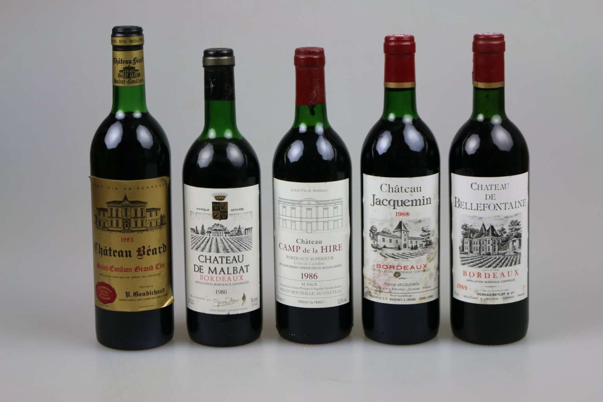 5 Flaschen Bordeaux, 1980er Jahre