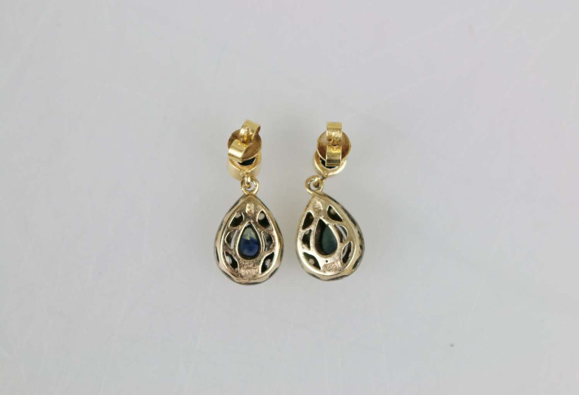 14K Ohrringe mit Diamantrosen und blauen Steinen - Bild 2 aus 2