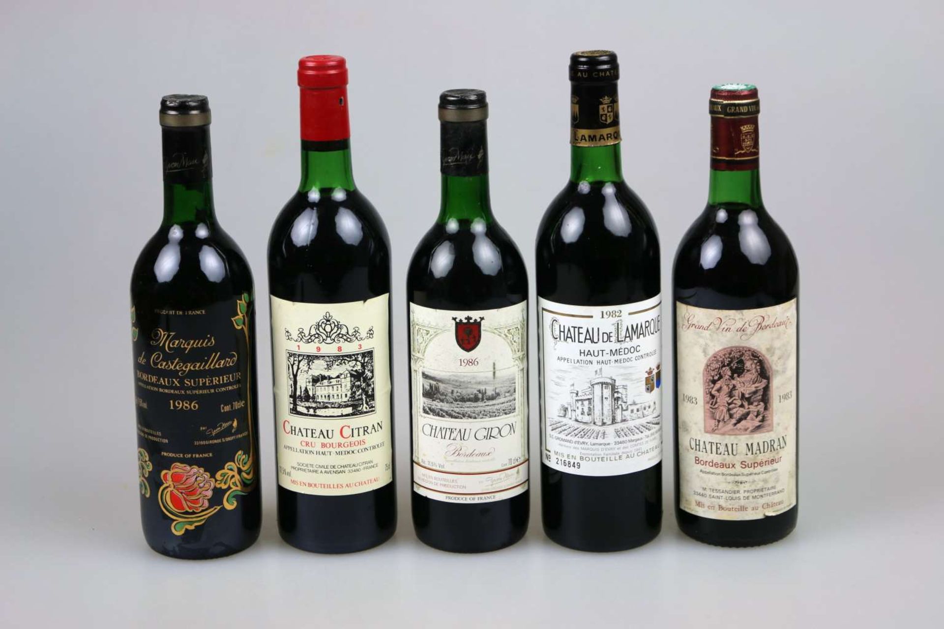 5 Flaschen französischer Rotwein, 1980er Jahre