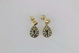 14K Ohrringe mit Diamantrosen und blauen Steinen