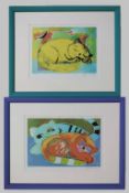 Chin. Popart, ruhende Katzen, zwei Offsetlithographien