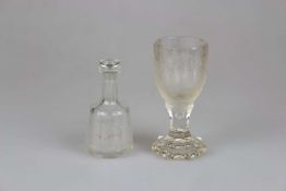 Jagdlicher Fußbecher, siebenseitig facettiert, umlaufend mattierter Diamantschnitt: Jäger auf Rotwil