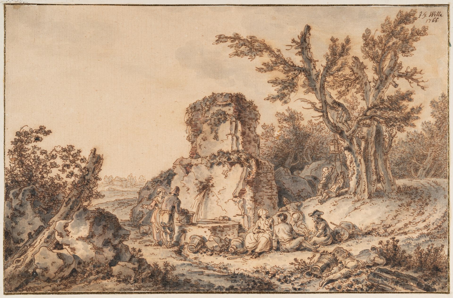 Johann Georg Wille (1715 Biebertal bei Gießen - Paris 1808) – Bauern bei einem Brunnen - Bild 2 aus 3