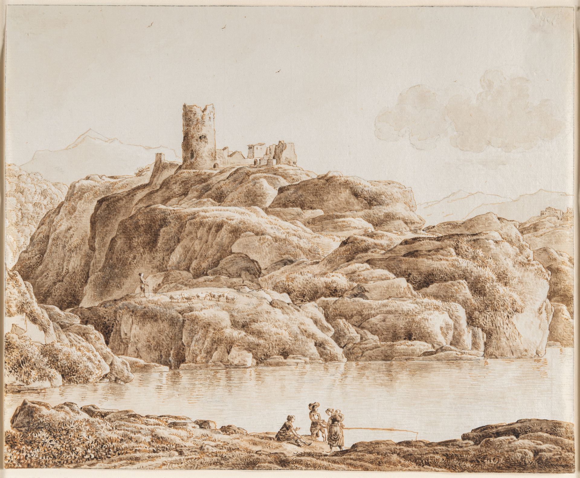 Franz Kobell (1749 Mannheim - München 1822) – Flusslandschaft mit Anglern, im Hintergrund eine Burgr - Bild 2 aus 2