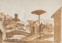 Italienisch – Recto-Verso: Italienische Landschaft mit Burganlage – Barockes Kircheninterieur