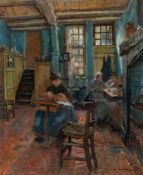 Max Gaisser (1857 Augsburg - München 1922) – Dieleninterieur mit Mägden beim Tee und bei der Handarb