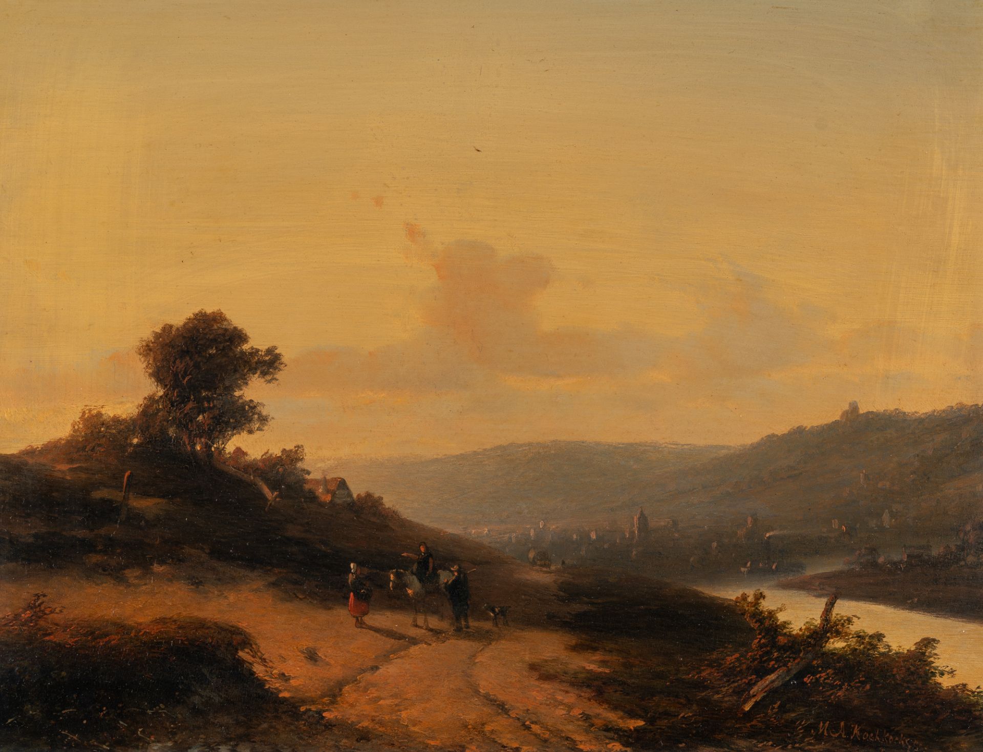 Marinus Adrianus Koekkoek (1807 Middelburg – Amsterdam 1868) – Abendliche Flusslandschaft mit Reisen