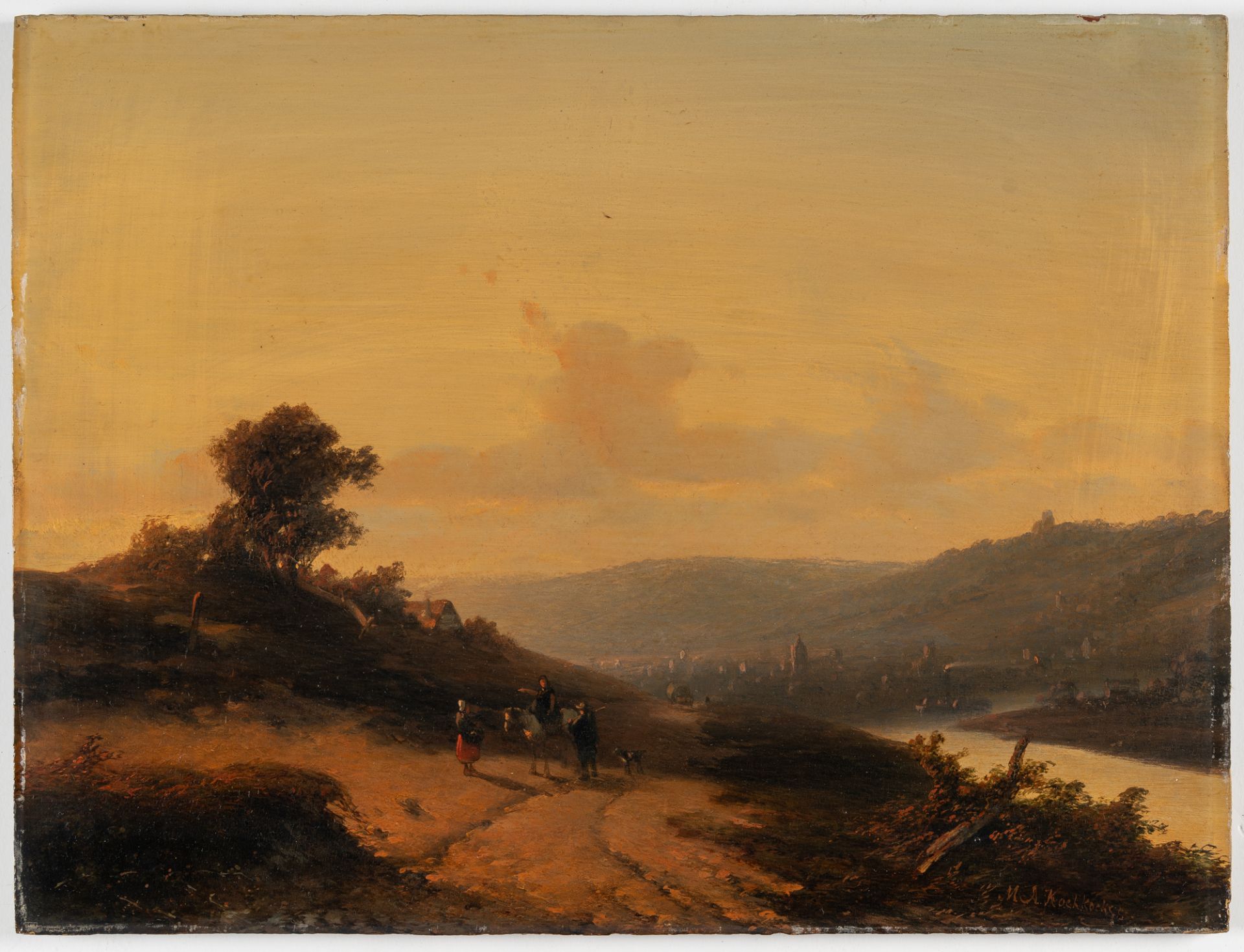 Marinus Adrianus Koekkoek (1807 Middelburg – Amsterdam 1868) – Abendliche Flusslandschaft mit Reisen - Bild 2 aus 4