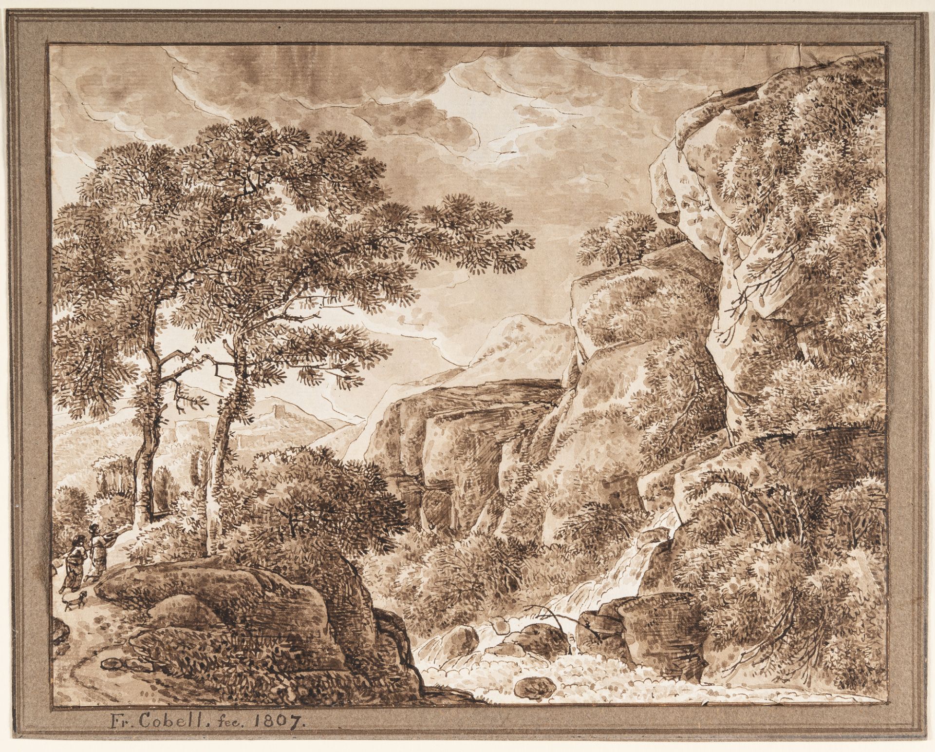 Franz Kobell (1749 Mannheim - München 1822) – Gebirgslandschaft mit zwei Frauen auf einem Weg und Wa - Bild 2 aus 3