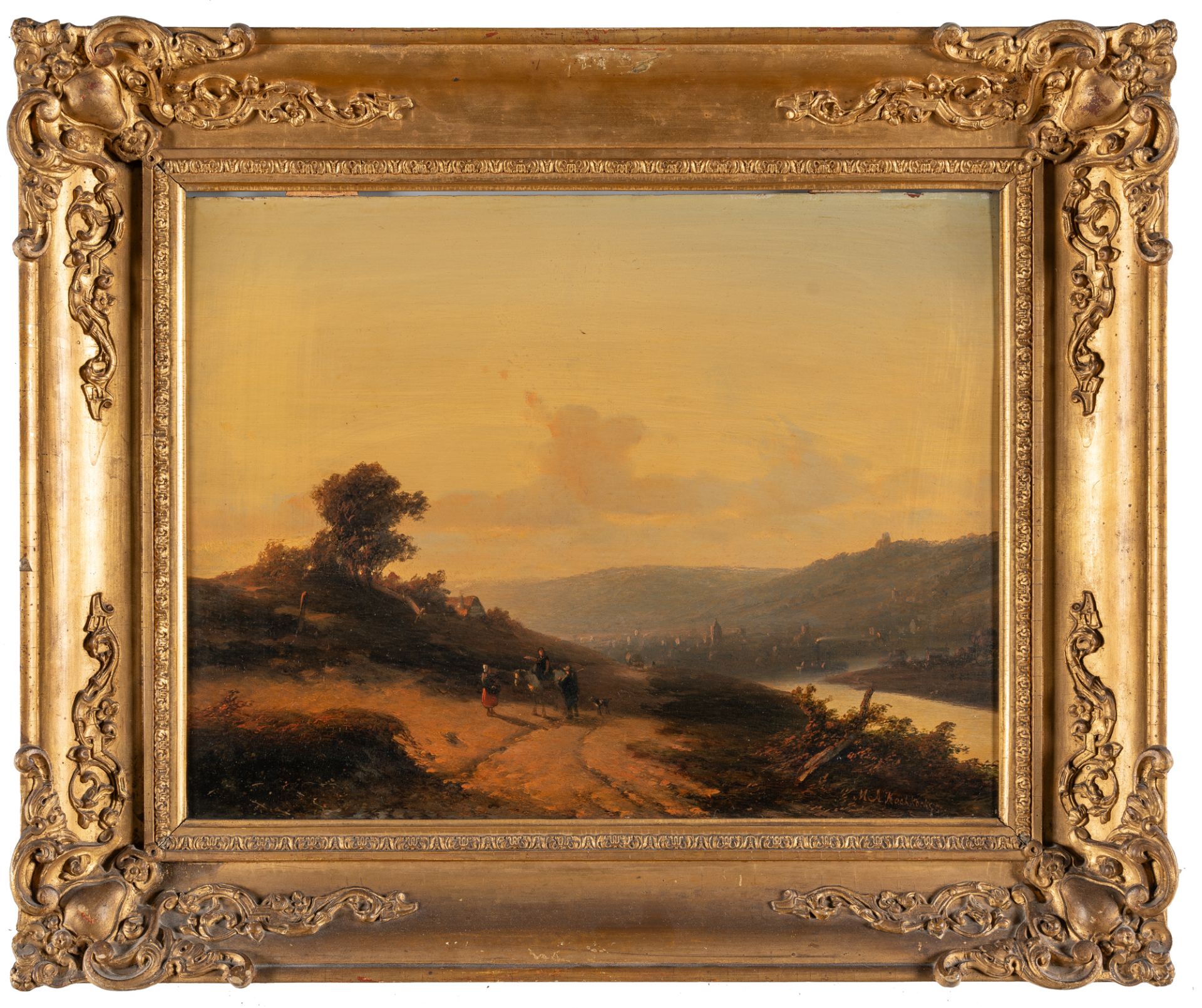 Marinus Adrianus Koekkoek (1807 Middelburg – Amsterdam 1868) – Abendliche Flusslandschaft mit Reisen - Bild 4 aus 4