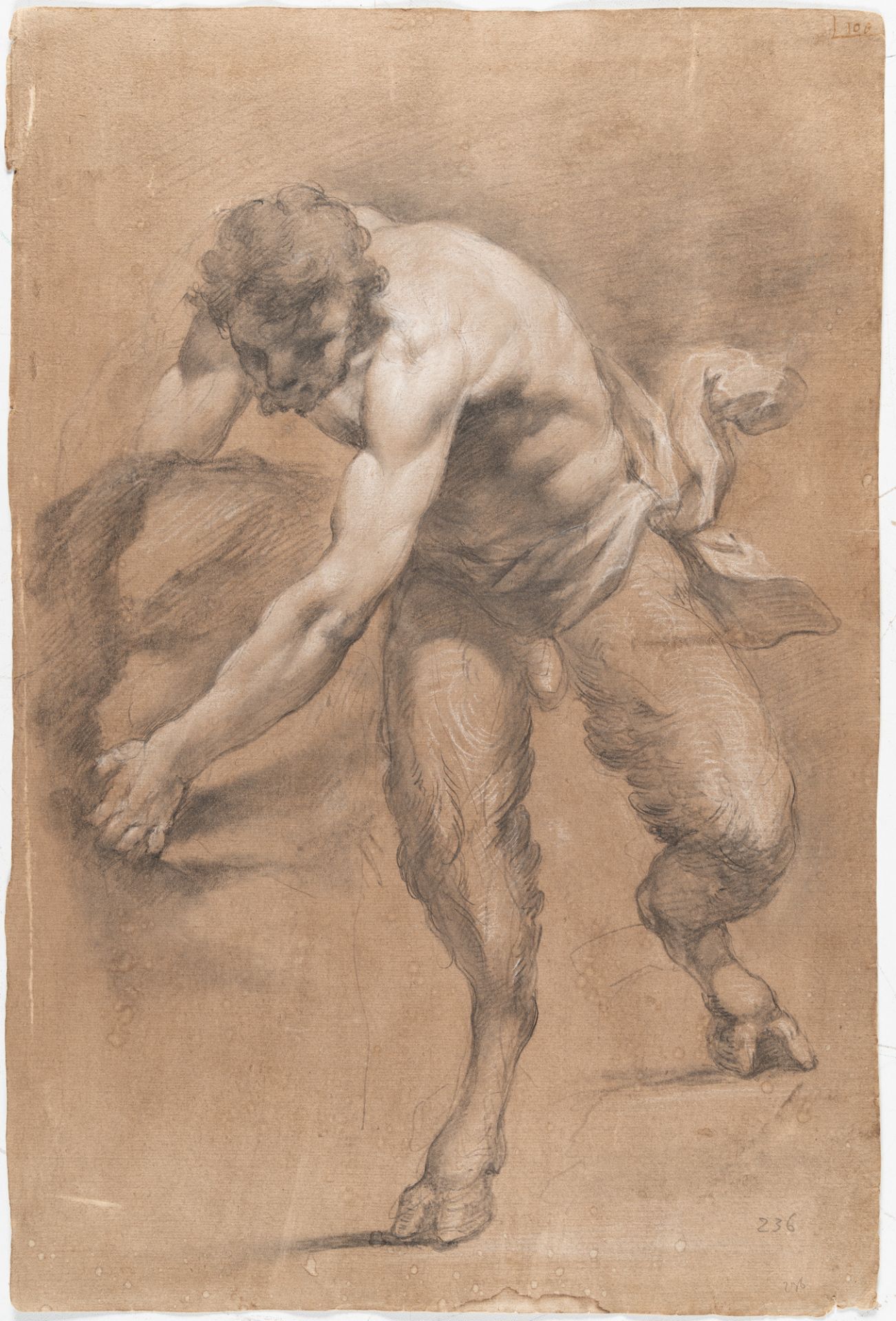Italienisch – Recto-Verso: Faun, einen Stein tragend – Aktstudie eines sitzenden Mannes - Bild 2 aus 3