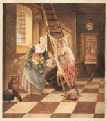 H. van Poelien (tätig um 1805) – Kücheninterieur mit Magd und geschlachtetem Schwein
