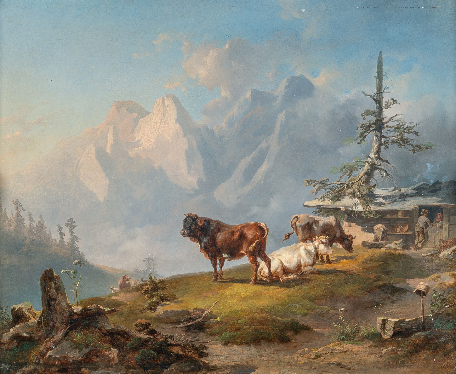 Joseph Heicke (1811 – Wien – 1861) – Weidevieh auf der Alm vor einer Sennerhütte