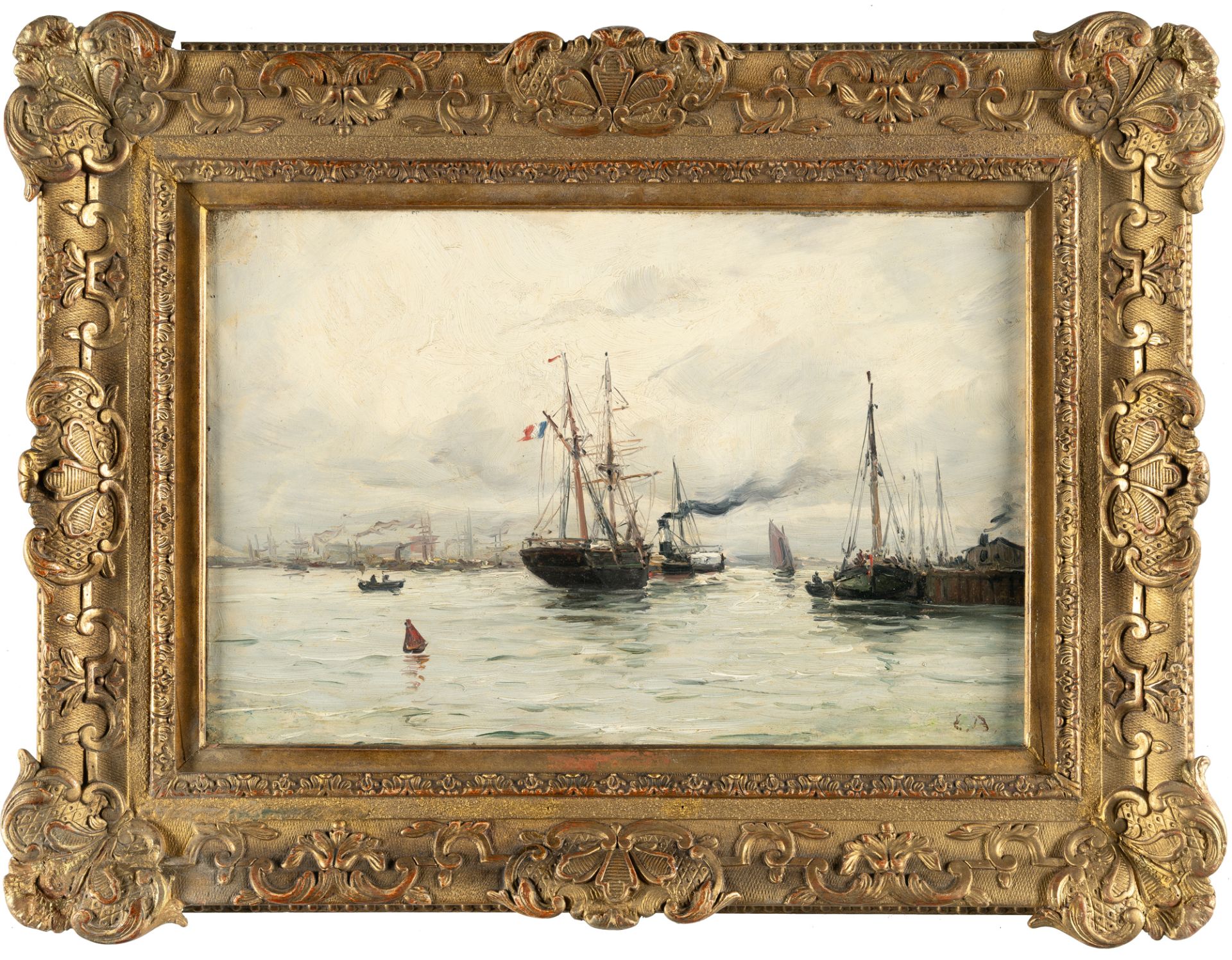 Eugène Boudin (Zugeschrieben) (1824 Honfleur - Deauville 1898) – Hafeneinfahrt. Segelschiff, von Lot - Bild 4 aus 4