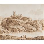 Franz Kobell (1749 Mannheim - München 1822) – Flusslandschaft mit Anglern, im Hintergrund eine Burgr