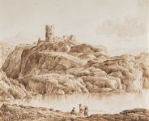 Franz Kobell (1749 Mannheim - München 1822) – Flusslandschaft mit Anglern, im Hintergrund eine Burgr