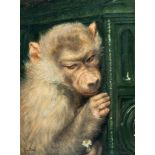 Gabriel von Max (1840 Prag - München 1915) – Dezember (Monkey at the cocklestove).Oil on panel. (