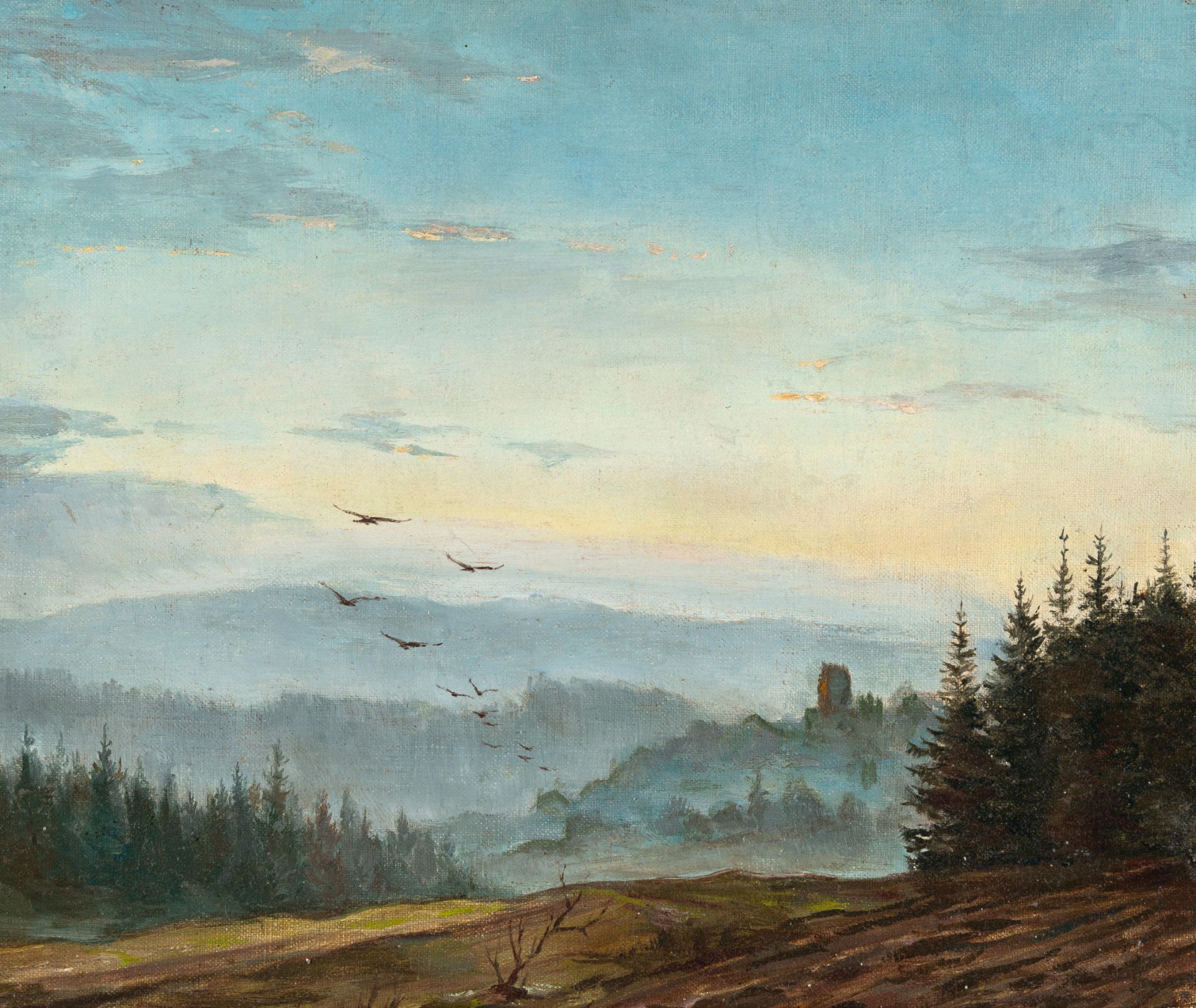 German – Bohemian landscape with birds at morning hour.Oil on canvas, mounted on cardboard. (C.