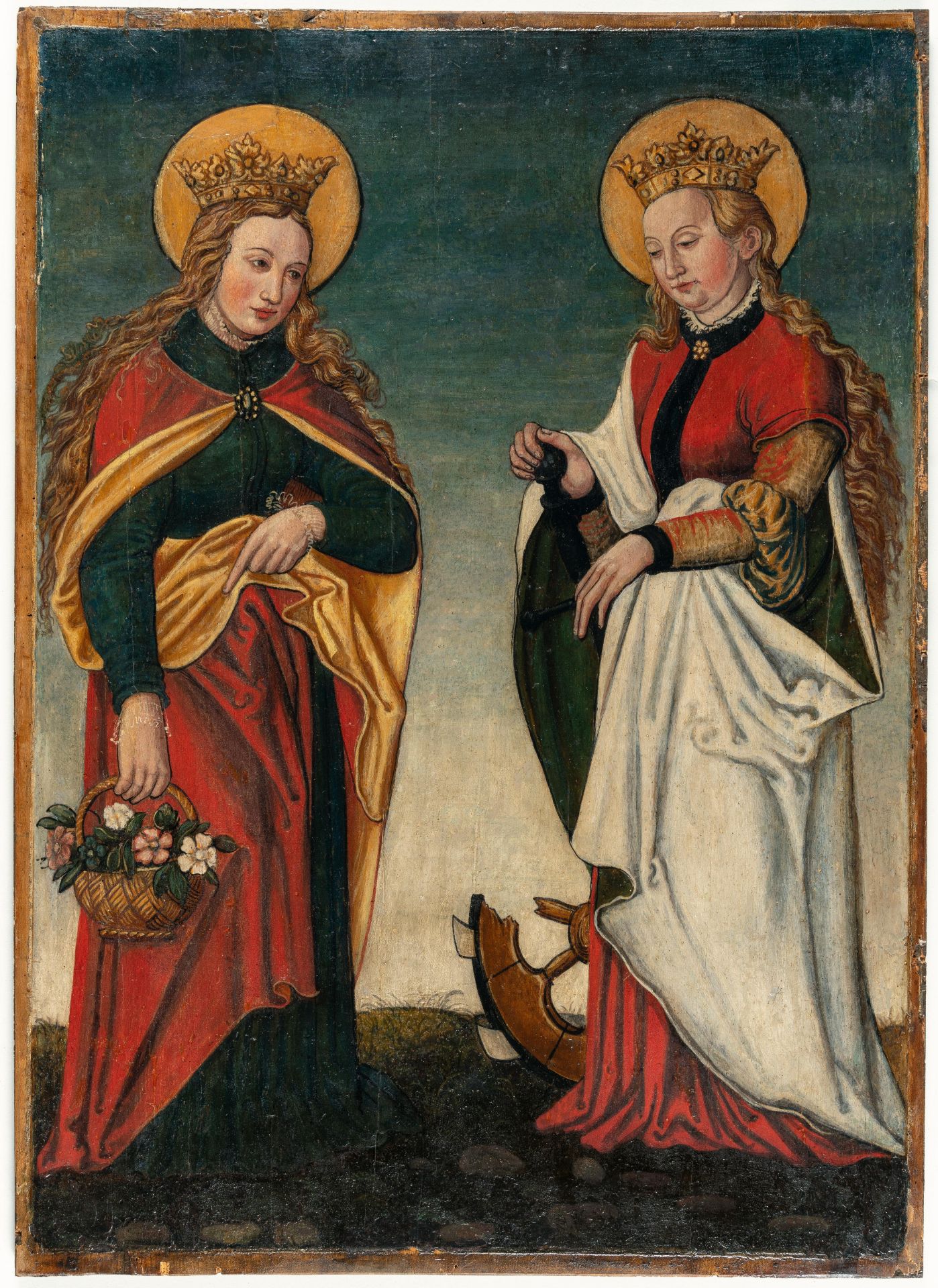 South German – St Dorothea and St Catherine.Oil and gold leaf on panel, glued to wooden panel. (c. - Image 2 of 4