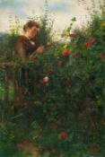 Johann Sperl (1840 Buch bei Fürth - 1914 Bad Aibling) – Mädchen am Zaun, eine Blume betrachtend