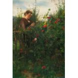 Johann Sperl (1840 Buch bei Fürth - 1914 Bad Aibling) – Mädchen am Zaun, eine Blume betrachtend