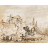 Hubert Robert (1733 - Paris - 1808) – Zwei Wäscherinnen an einem Tritonenbrunnen auf einem Platz mit