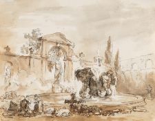 Hubert Robert (1733 - Paris - 1808) – Zwei Wäscherinnen an einem Tritonenbrunnen auf einem Platz mit