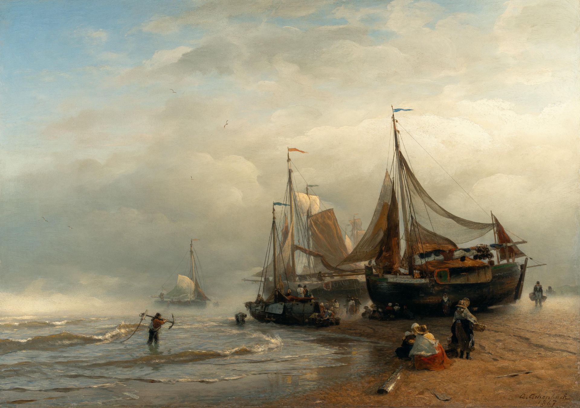 Andreas Achenbach (1815 Kassel - Düsseldorf 1910) – Unloading the fishing boats on the Dutch shore.
