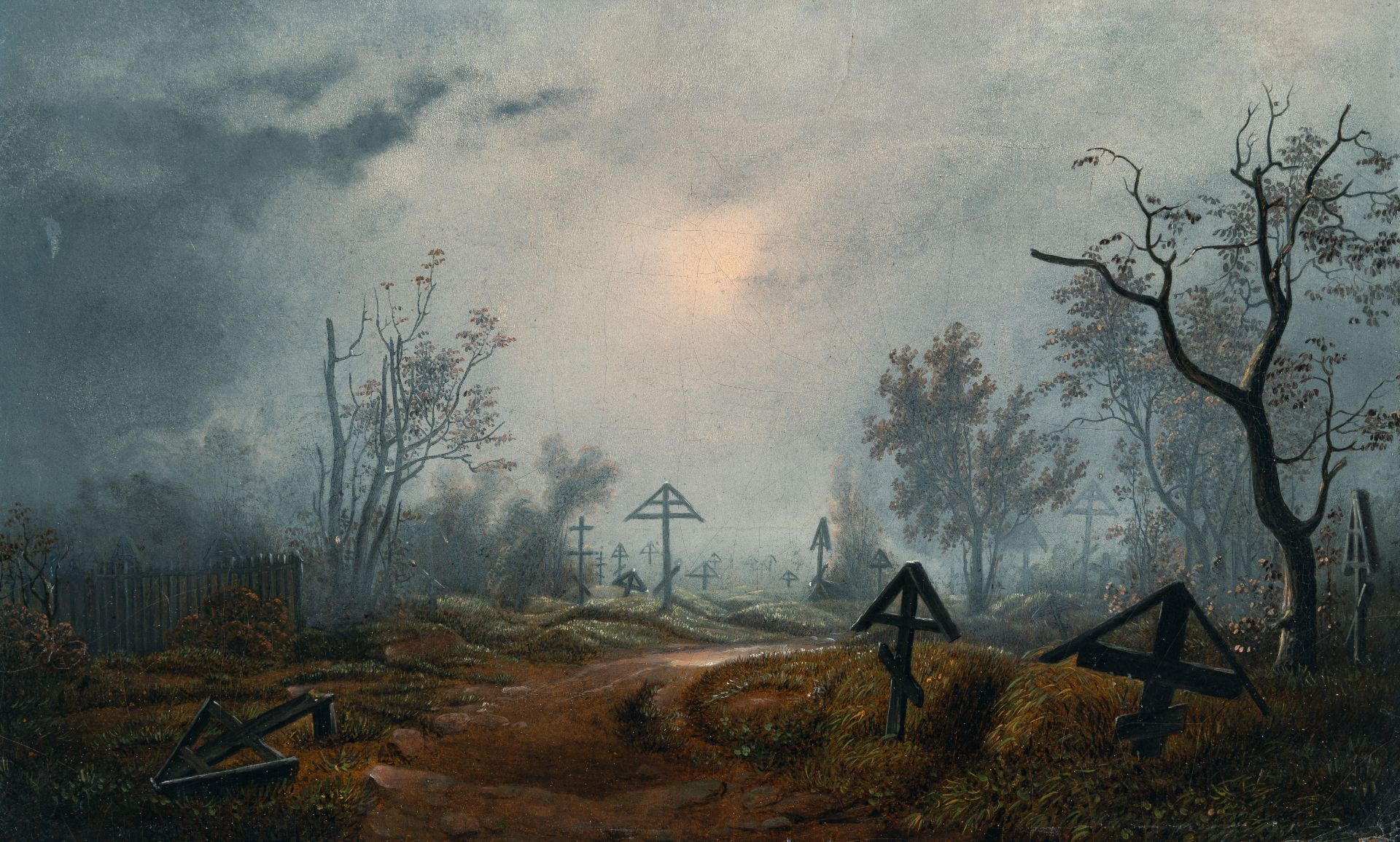 Carl Julius von Leypold (1806 Dresden – Niederlößnitz 1874) – Foggy Russian graveyard.Oil on