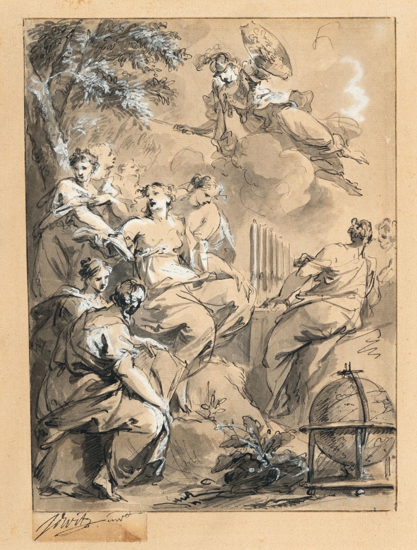 Jacob de Wit (1695 - Amsterdam - 1754) – Minerva with the nine muses.Pen and brush and black ink,