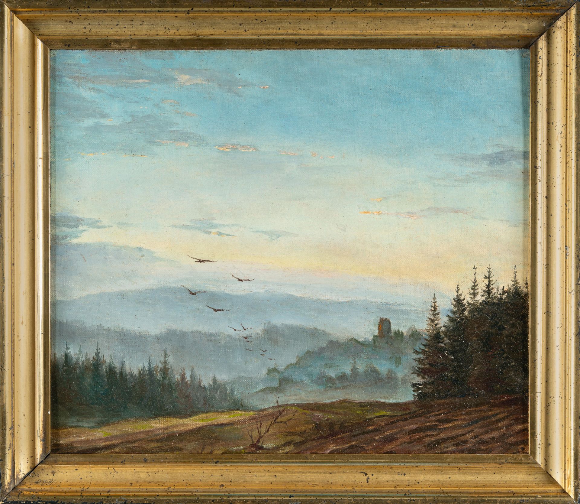 German – Bohemian landscape with birds at morning hour.Oil on canvas, mounted on cardboard. (C. - Image 4 of 4