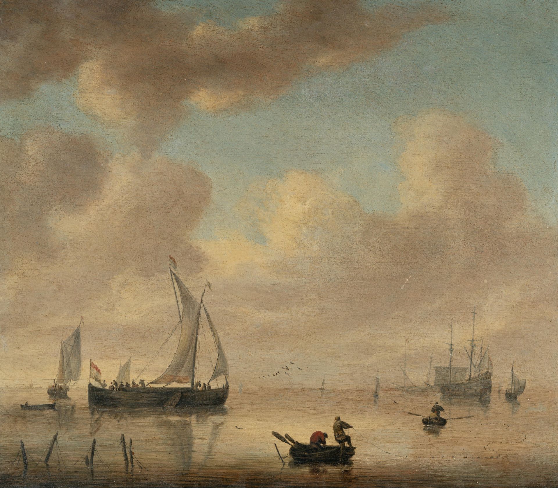Willem Hermansz. van Diest (Zugeschrieben) (1610 – Den Haag – 1670) – Segelschiffe und Fischer auf r