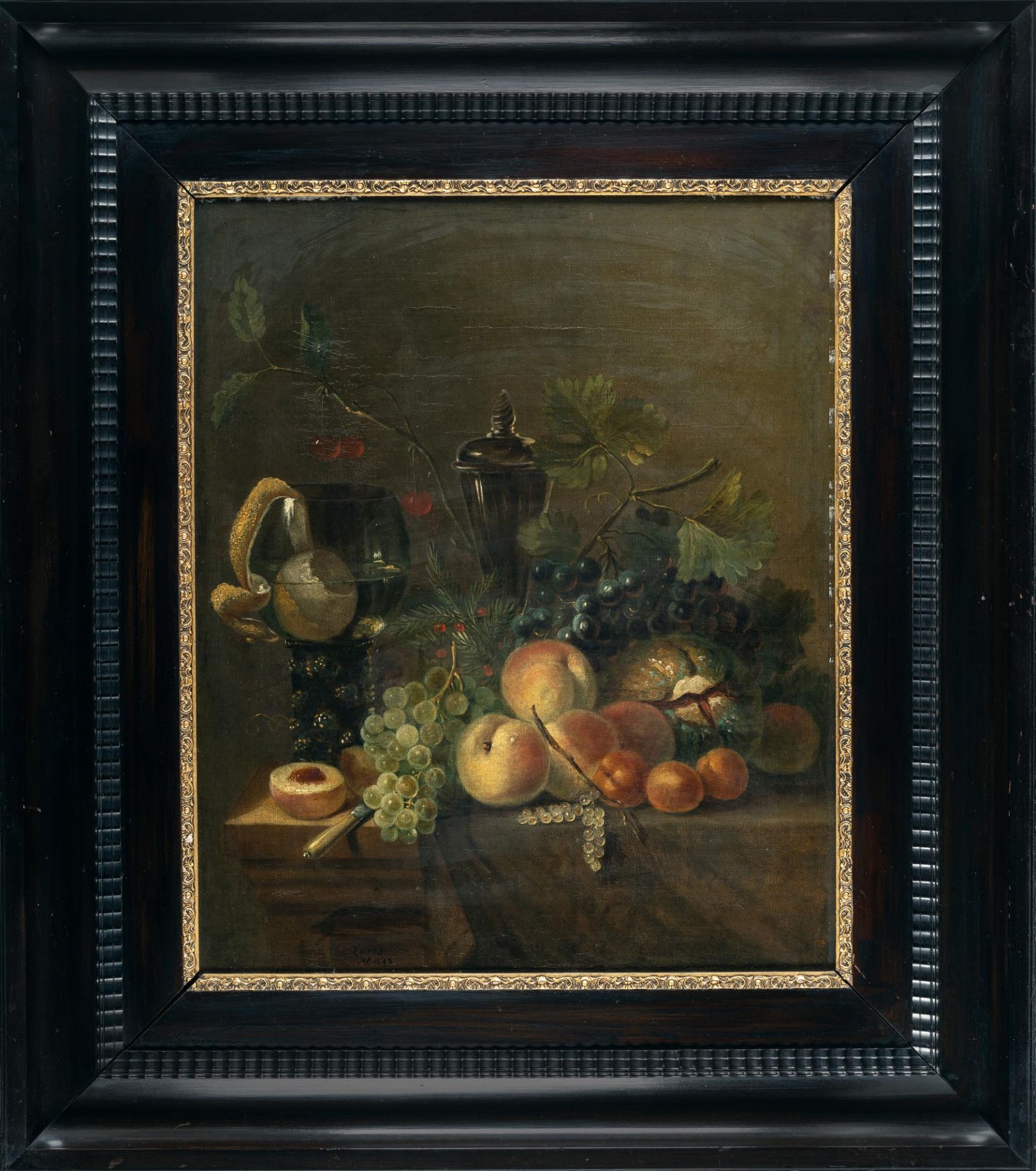 Roelof Koets I (um 1592 – Haarlem – 1654) – Fruit still life with Roemer, peaches and grapes.Oil - Image 4 of 4
