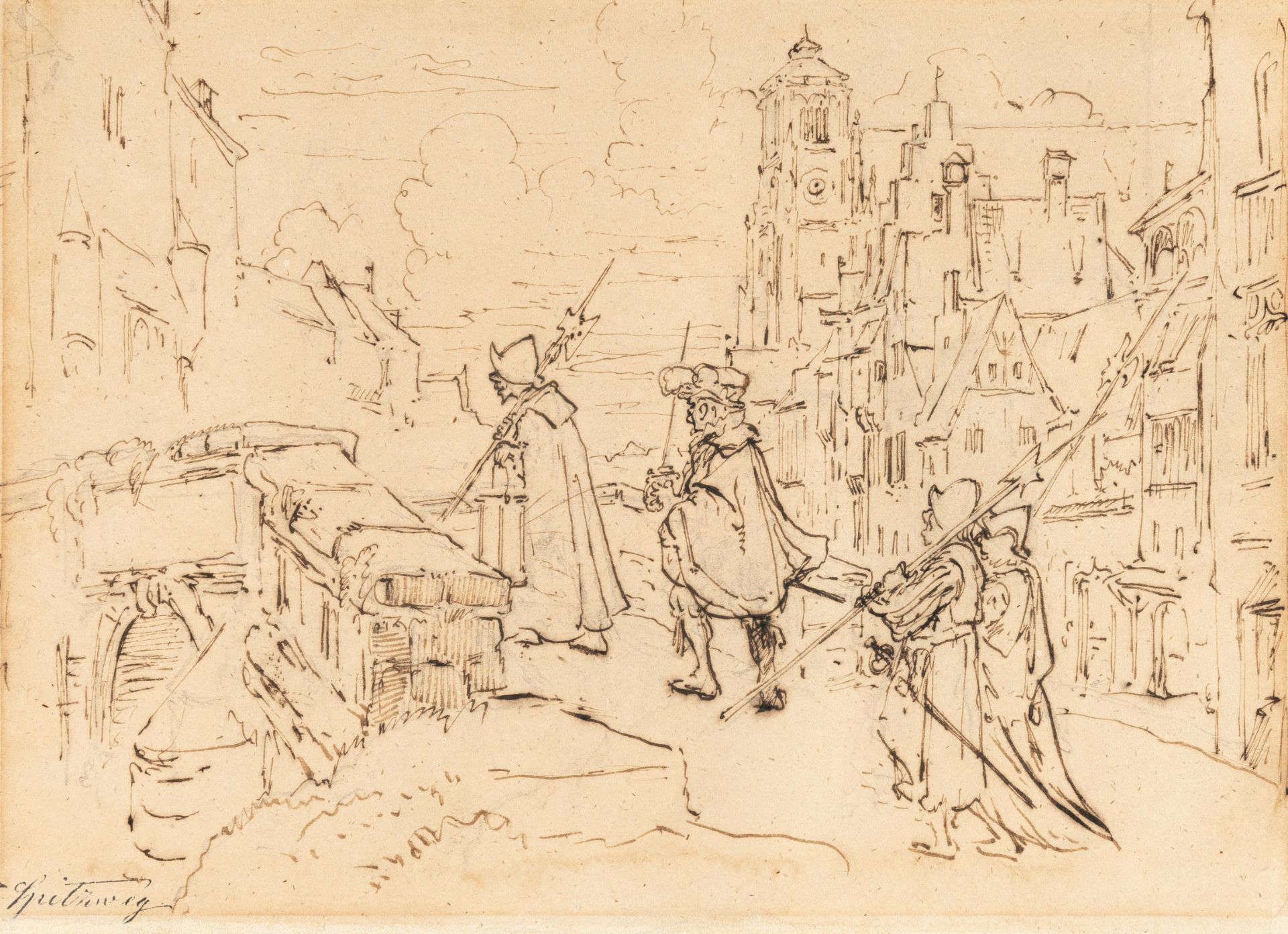 Carl Spitzweg (1808 - München - 1885) – Guards crossing a bridge.Brown pen over pencil on thin