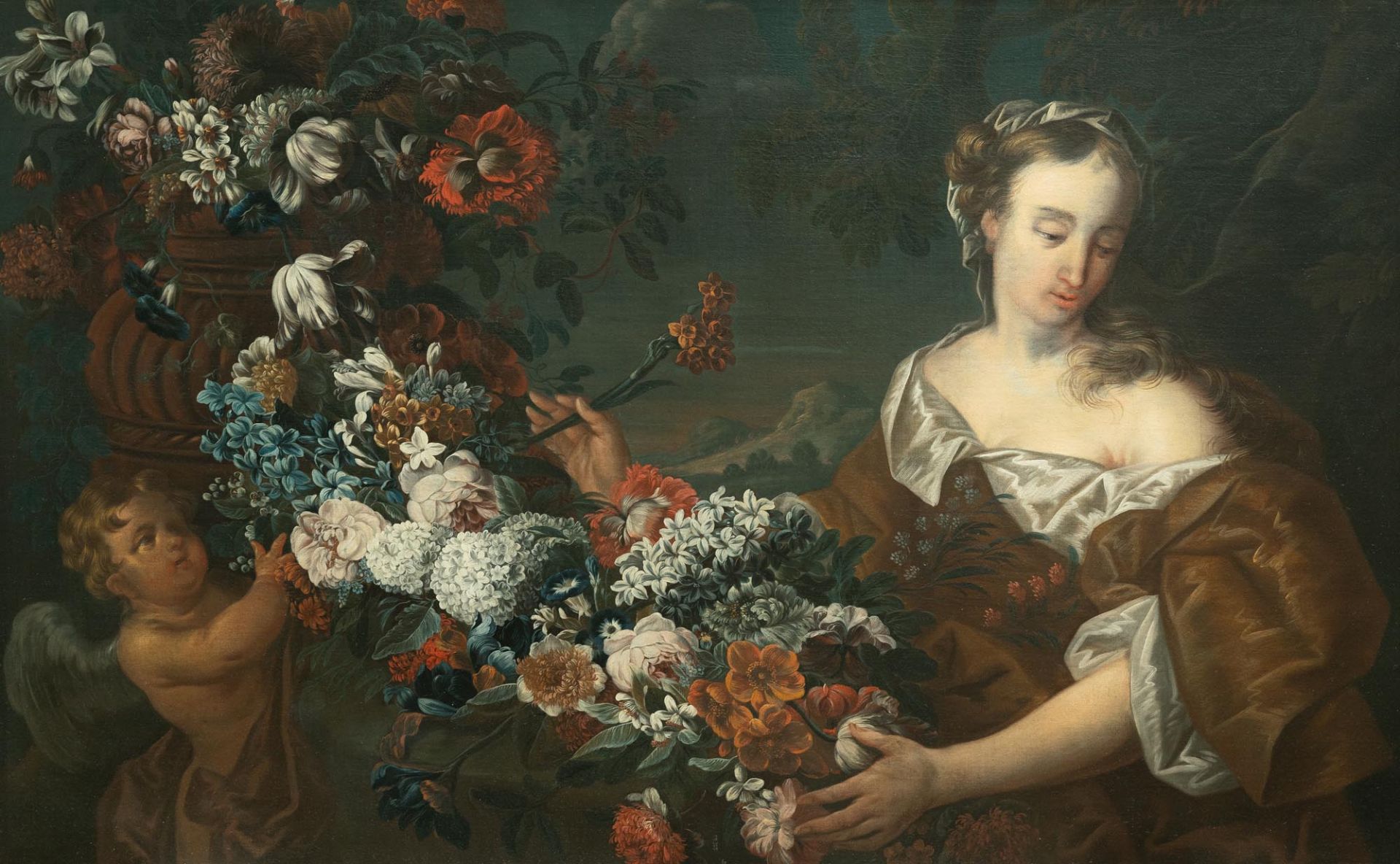 Gaspar Peeter Verbruggen D. J. (1664 – Antwerpen – 1730) – Junge Frau mit Putto und Blumengirlande