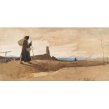 Victor Paul Mohn (1842 Meißen - Berlin 1911) – Italian Campagna landscape with a pilgrim.Brush and