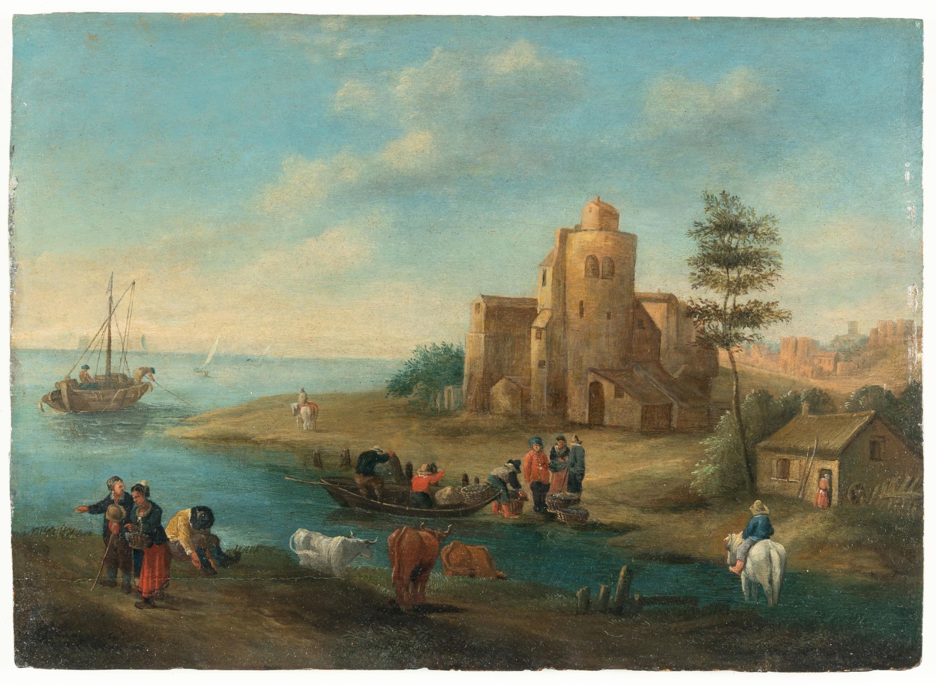 Theobald Michau (1676 Tournai - Antwerpen 1765) – Küstenlandschaft mit Fährboot und Staffagefiguren - Bild 2 aus 4