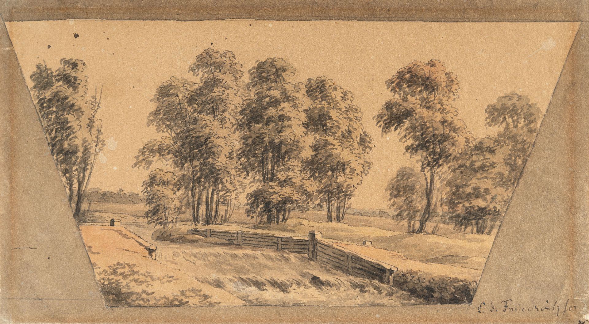 Caspar David Friedrich (1774 Greifswald - Dresden 1840) – Landschaft mit Wehr