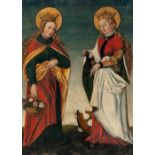 South German – St Dorothea and St Catherine.Oil and gold leaf on panel, glued to wooden panel. (c.