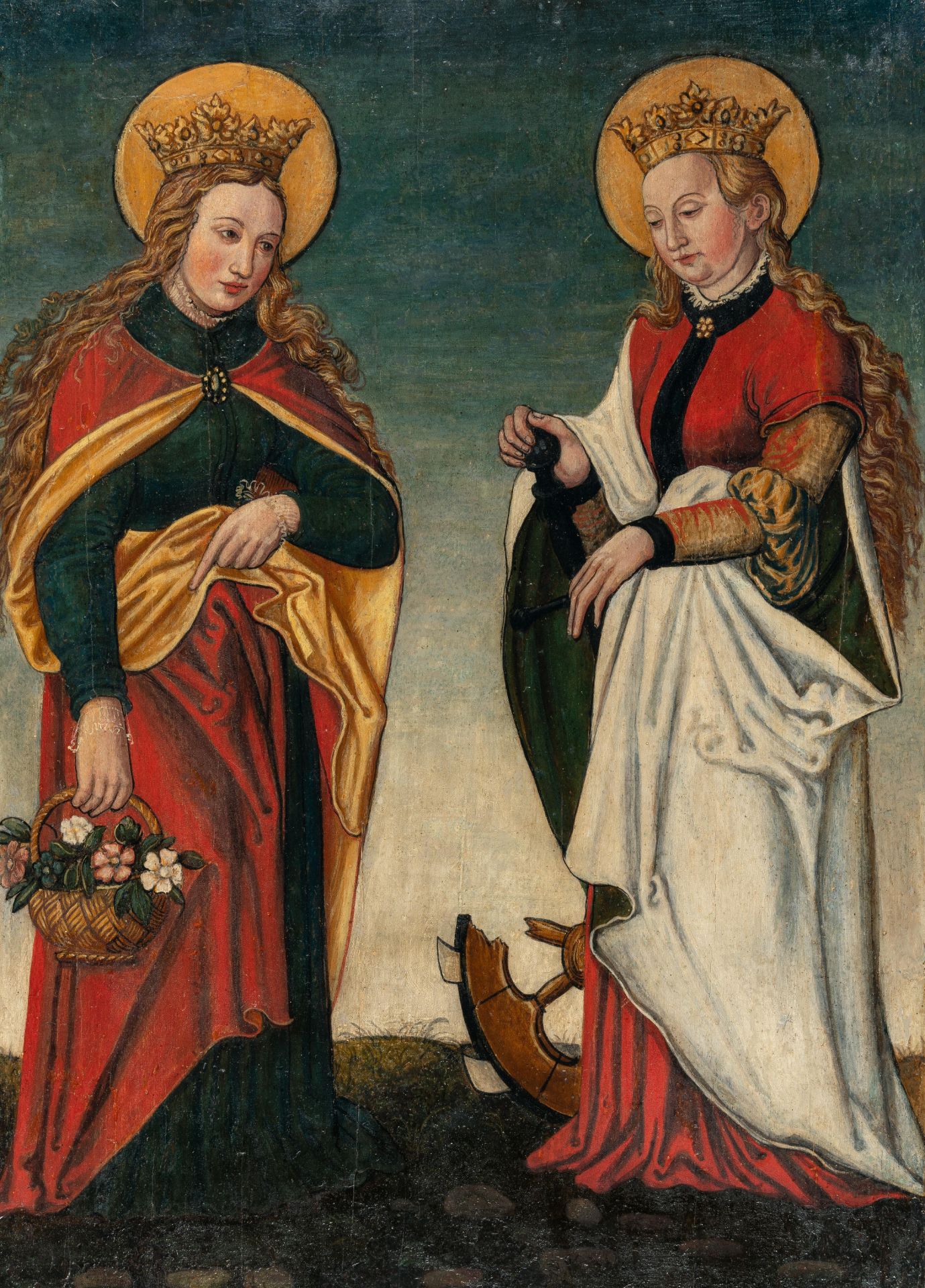 South German – St Dorothea and St Catherine.Oil and gold leaf on panel, glued to wooden panel. (c.
