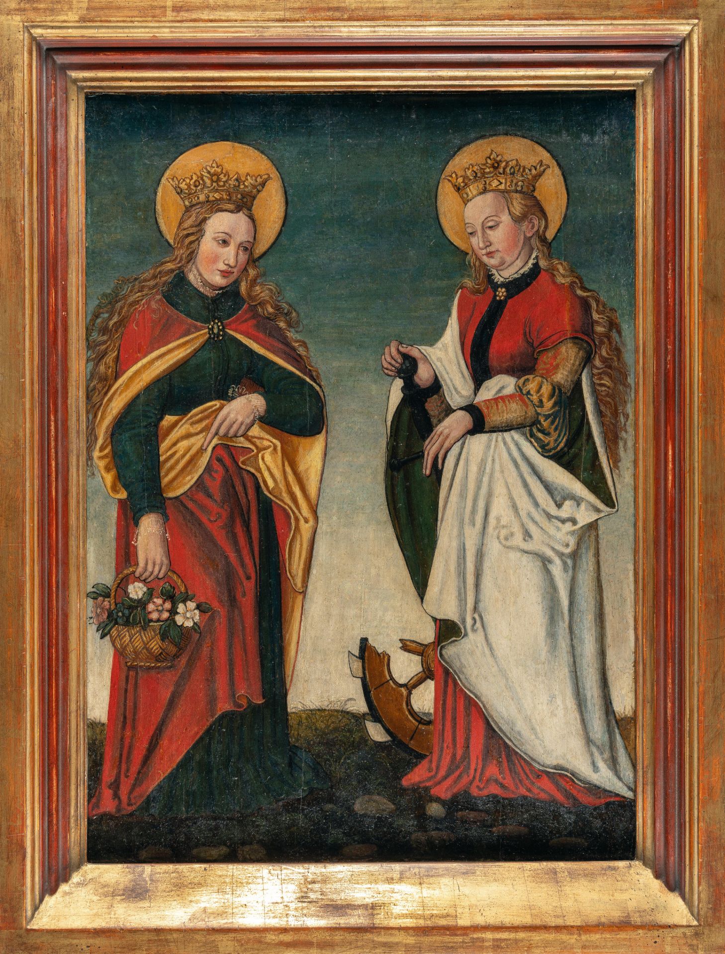 South German – St Dorothea and St Catherine.Oil and gold leaf on panel, glued to wooden panel. (c. - Image 4 of 4