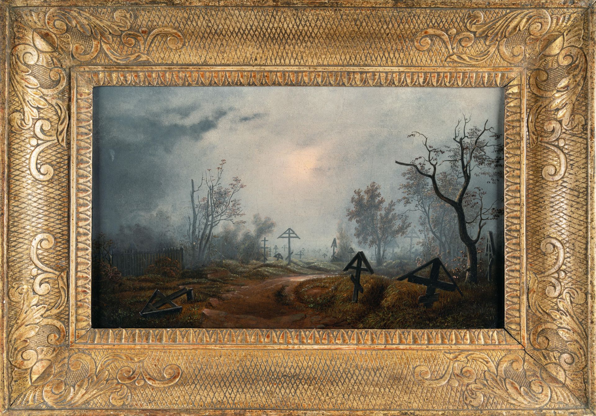 Carl Julius von Leypold (1806 Dresden – Niederlößnitz 1874) – Foggy Russian graveyard.Oil on - Image 4 of 4
