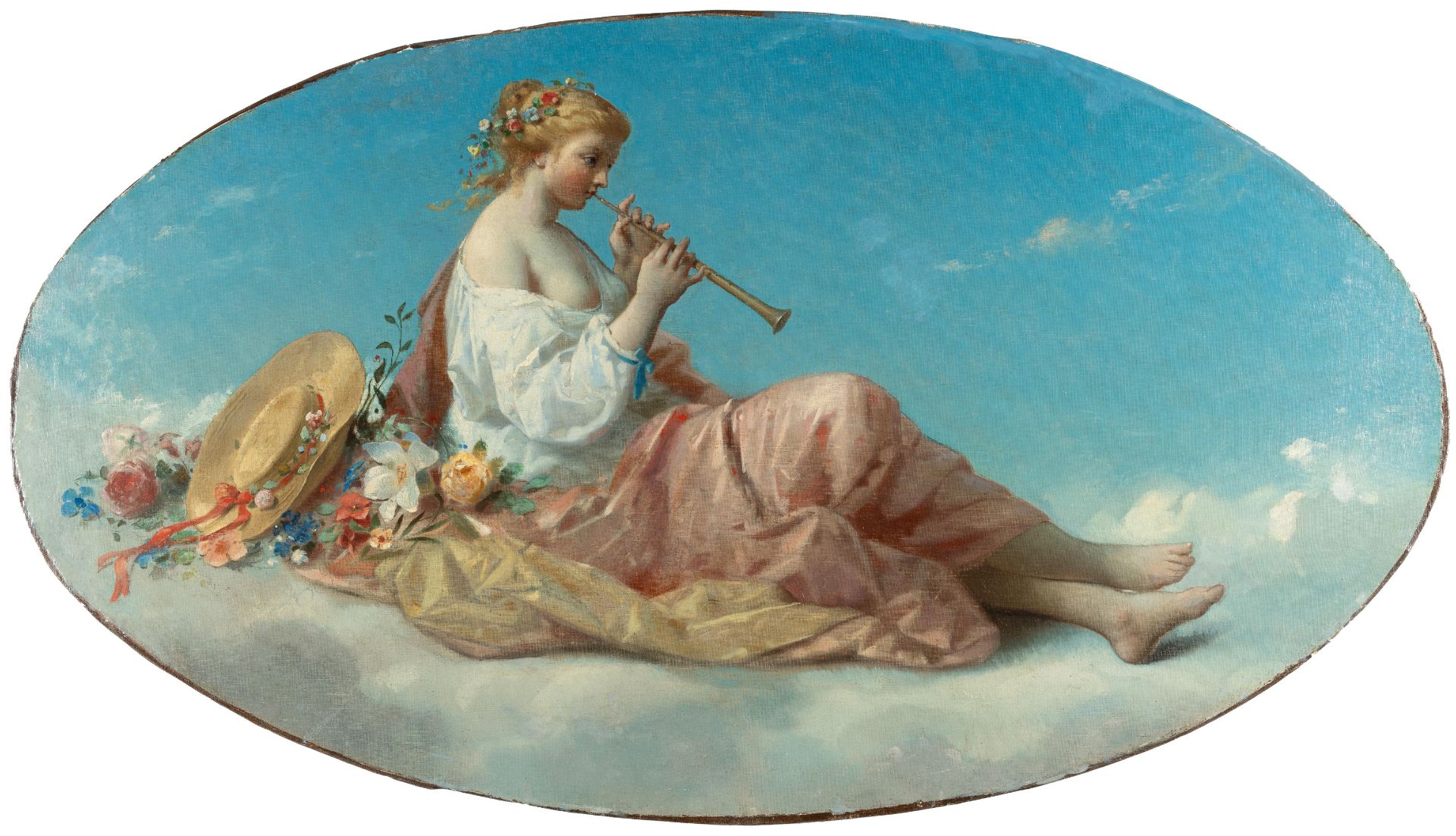 François Boucher (Nachfolge) (1703 – Paris – 1770) – Muse playing the flute (Euterpe?).Oil on canvas