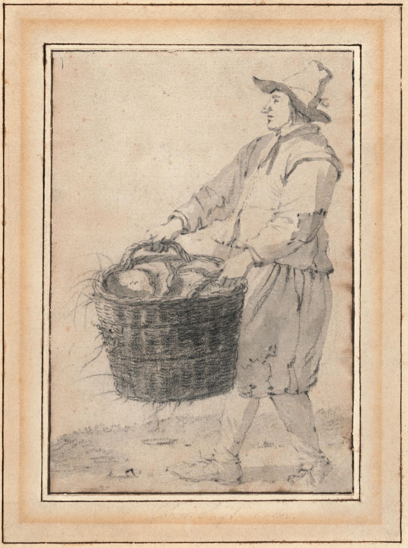 Niederländisch – Mann im Profil, einen Korb mit Broten tragend