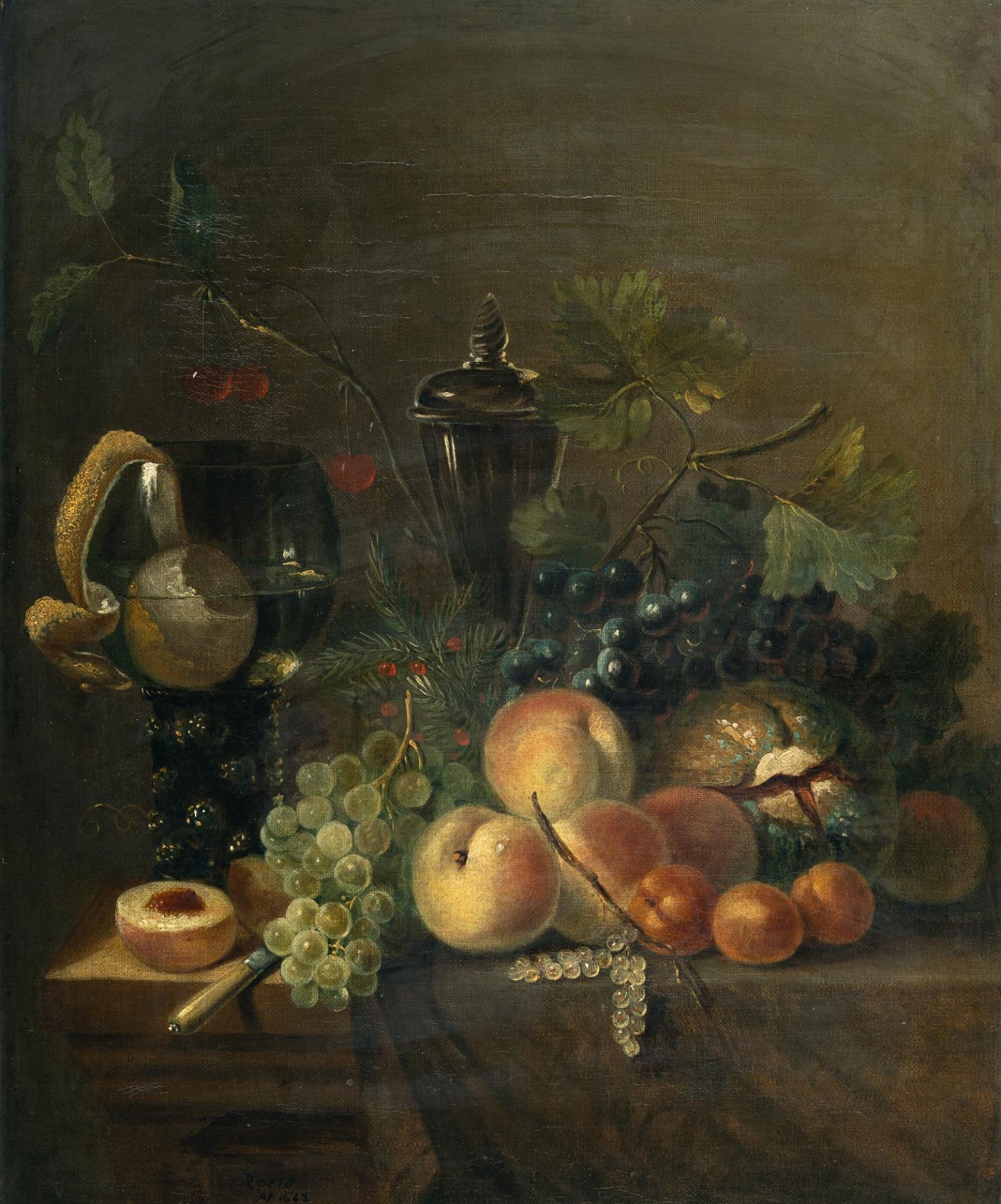Roelof Koets I (um 1592 – Haarlem – 1654) – Fruit still life with Roemer, peaches and grapes.Oil