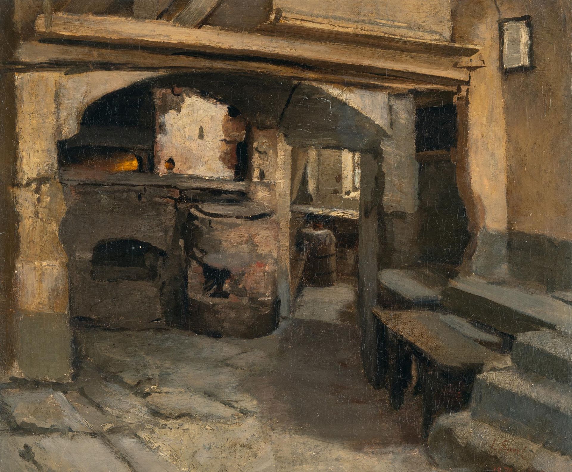 Johann Sperl (1840 Buch bei Fürth - 1914 Bad Aibling) – Interior of a village smithy.Oil on